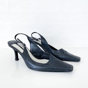 Nine West Womens Leather Square Toe Stiletto Heel Slingback Sandals Black Sz 6M